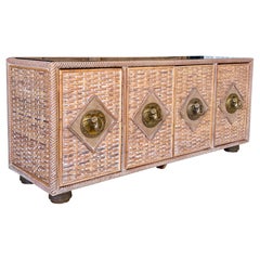 Vintage Coastal Regency Handwoven Rattan Sideboard With Elephant Head Pulls