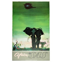 Original Vintage Travel Poster Africa SAS Airline Otto Nielsen Elephants Denmark