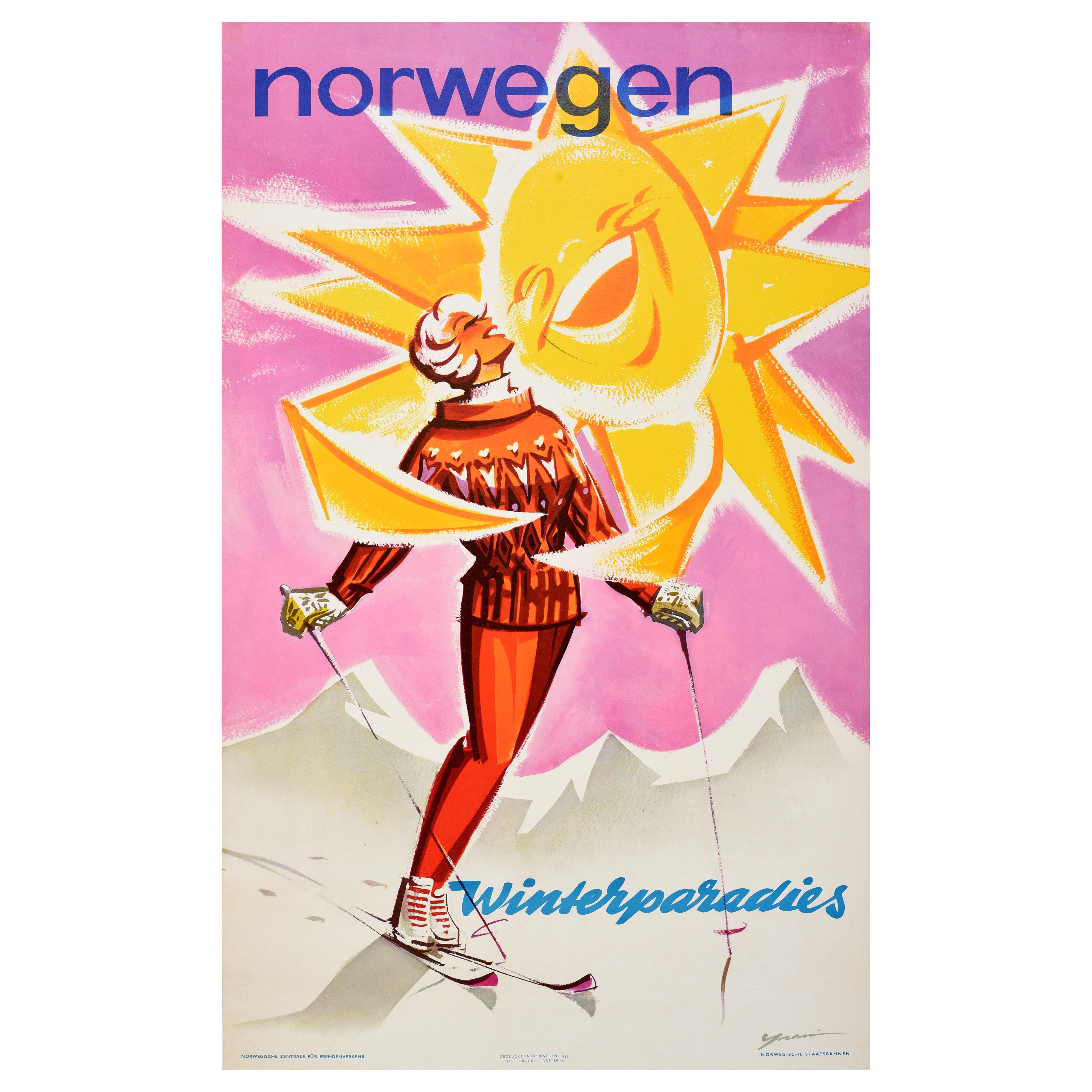 Original Vintage Winter Sport Travel Poster Ski Norway Winter Paradise Knut Yran