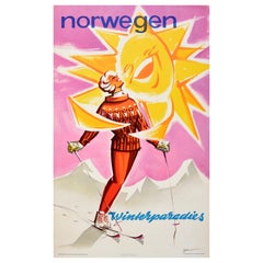 Poster di viaggio per sport invernali originale d'epoca Sci Norvegia Paradiso invernale Knut Yran