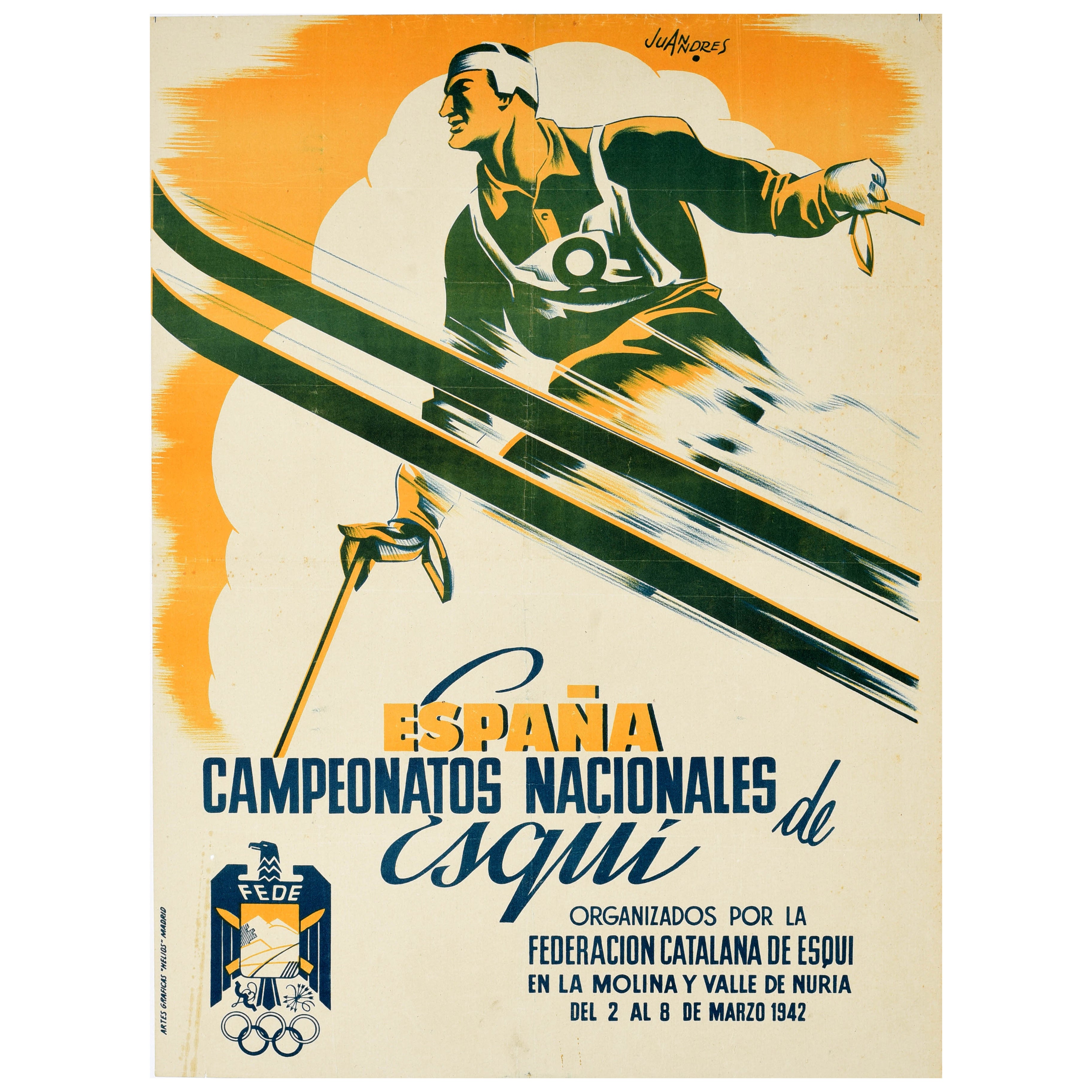 Rare affiche originale de sport de ski des championnats de La Molina, Espagne