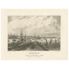 Vista de Amsterdam desde el agua con barcos de vela, Baedeker, hacia 1850