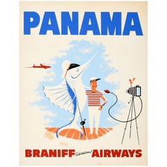 Cartel de Viaje Vintage Original Panamá Braniff International Airways Pesca
