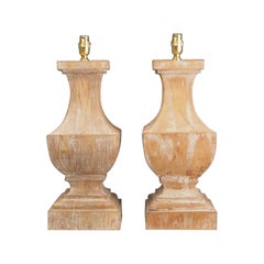 Pair of Mid-Century Solid Mango Wood Table Lamps, Lime Wash