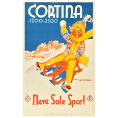 Affiche de voyage d'hiver originale de Cortina, Italie, ENIT Franz Lenhart