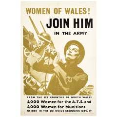 Poster di reclutamento di guerra originale d'epoca Donne del Galles WWII Unisciti a lui Esercito ATS