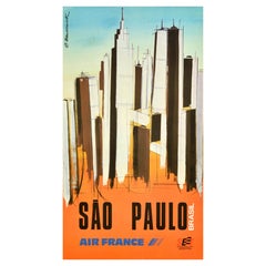 Poster di viaggio originale d'epoca per il Sud America San Paolo Brasil Air France