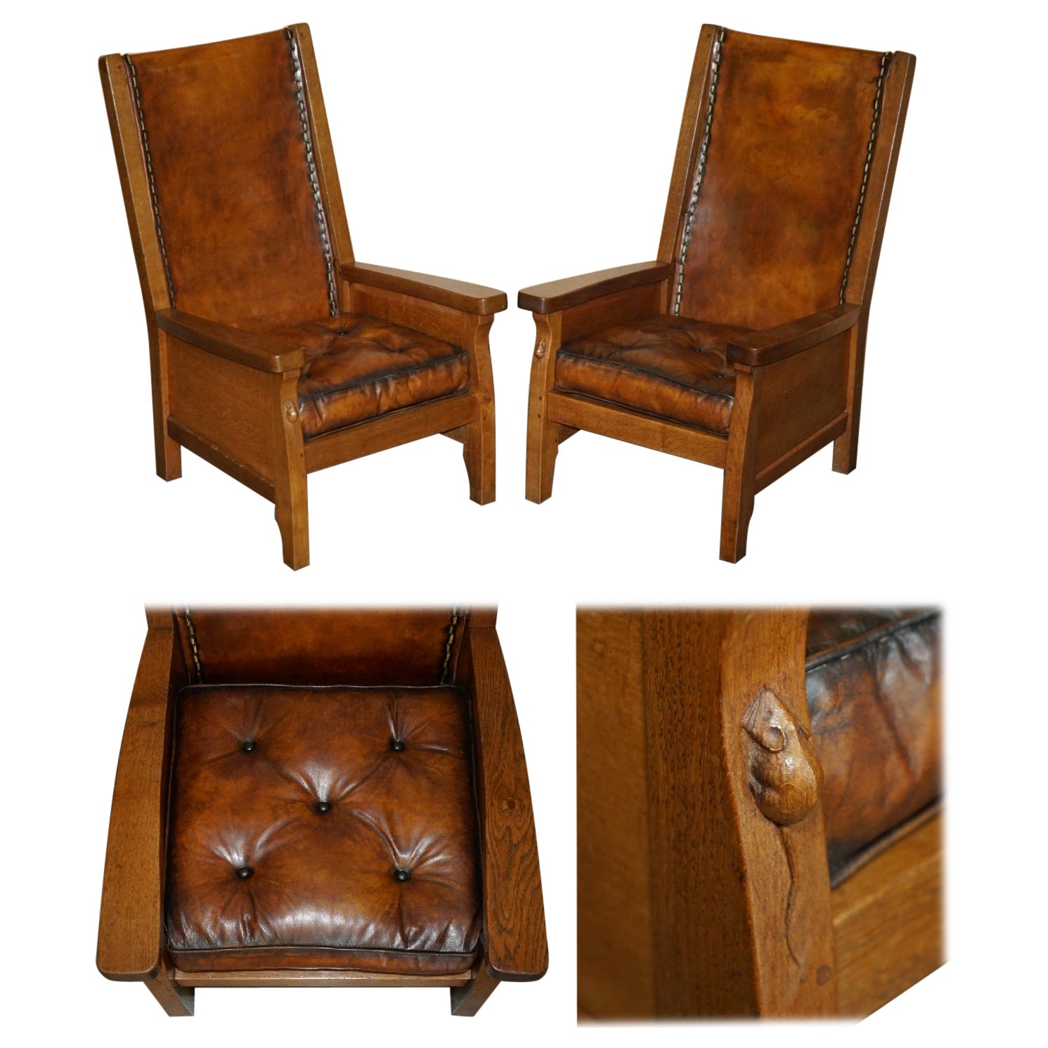 PAIR OF 1940's ROBERT MOUSEMAN THOMPSON BROWN LEATHER CHESTERFIELD ARMCHAIRS
