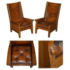 PAIR OF 1940er ROBERT MOUSEMAN THOMPSON BROWN LEATHER CHESTERFIELD ARMCHAIRS