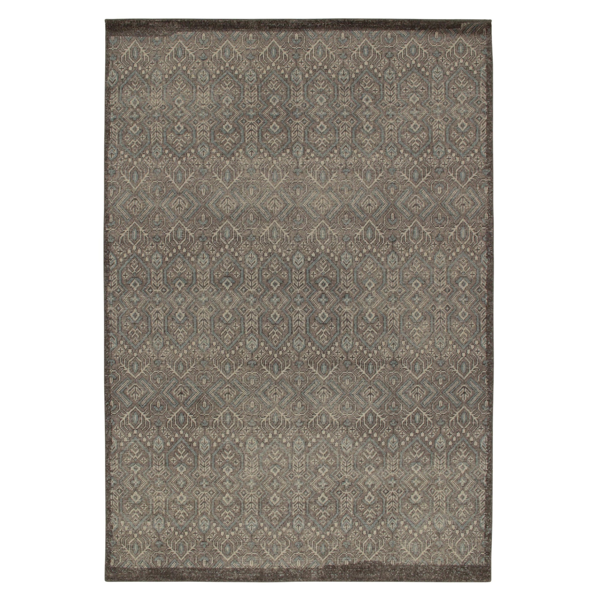 Rug & Kilim's Distressed Tribal Style Rug in Grey and Blue Geometric Patterns (Tapis à motifs géométriques gris et bleus)