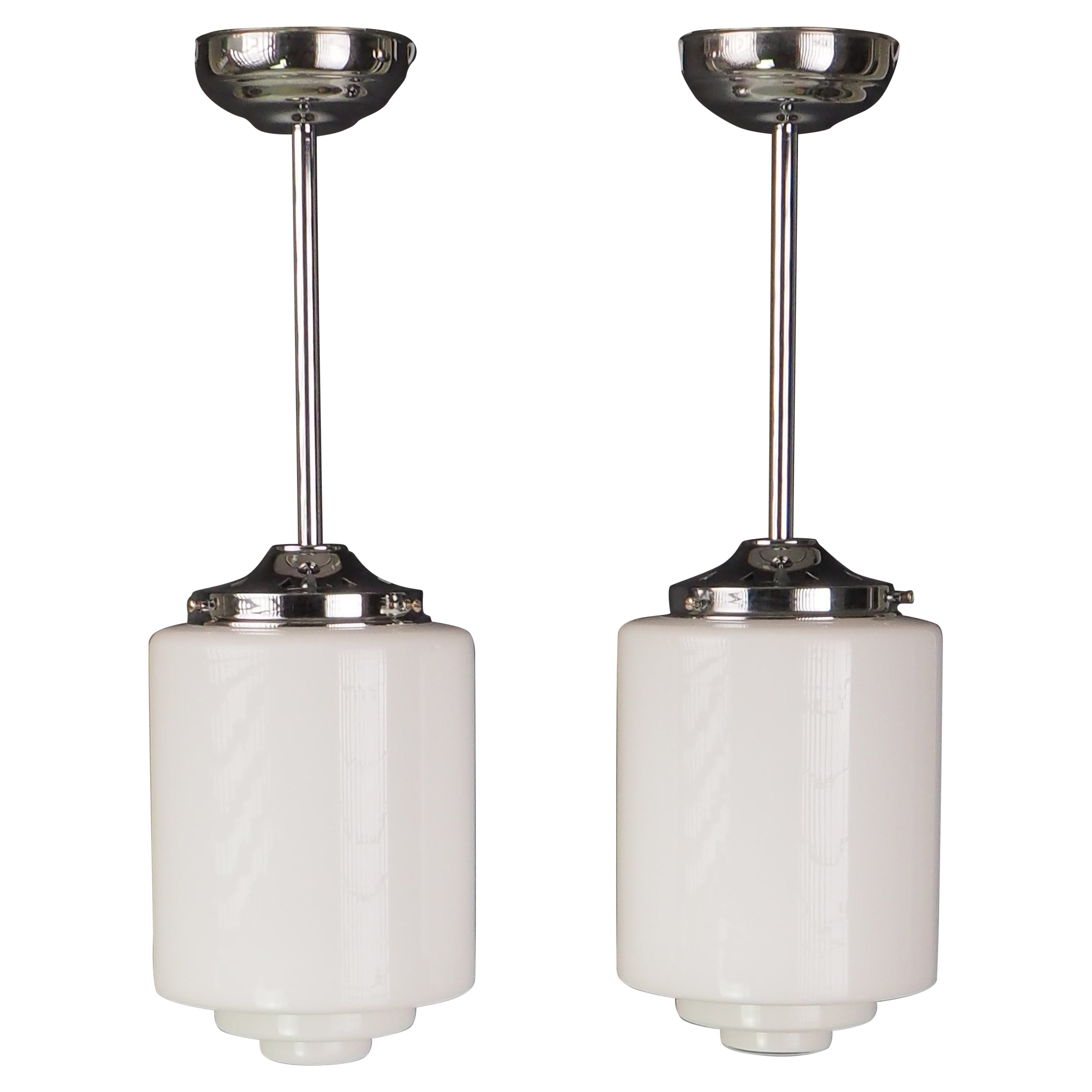 Art Deco Opaline Pendant Lights – Pair of White Glass Ceiling Fixtures