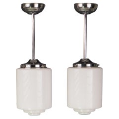 Art Deco Opaline Pendant Lights – Pair of White Glass Ceiling Fixtures