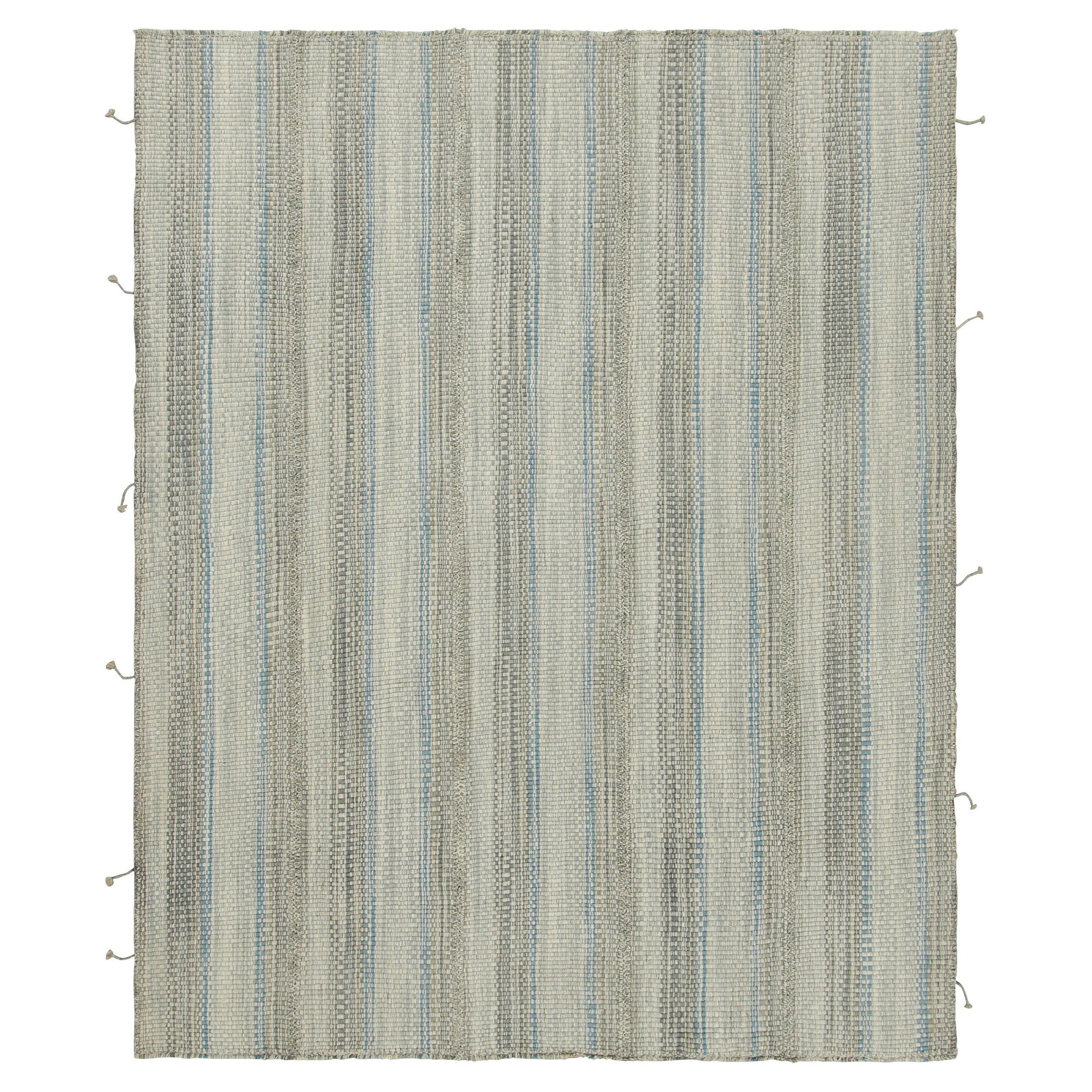 Rug & Kilim’s Contemporary Kilim with Blue and Slate Gray Textural Stripes