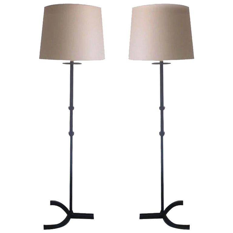 Rare Pair of French Mid-Century Modern Iron Floor Lamps in Style of Disderot For Sale
