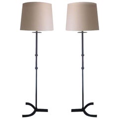 Rare Pair of French Mid-Century Modern Iron Floor Lamps in Style of Disderot