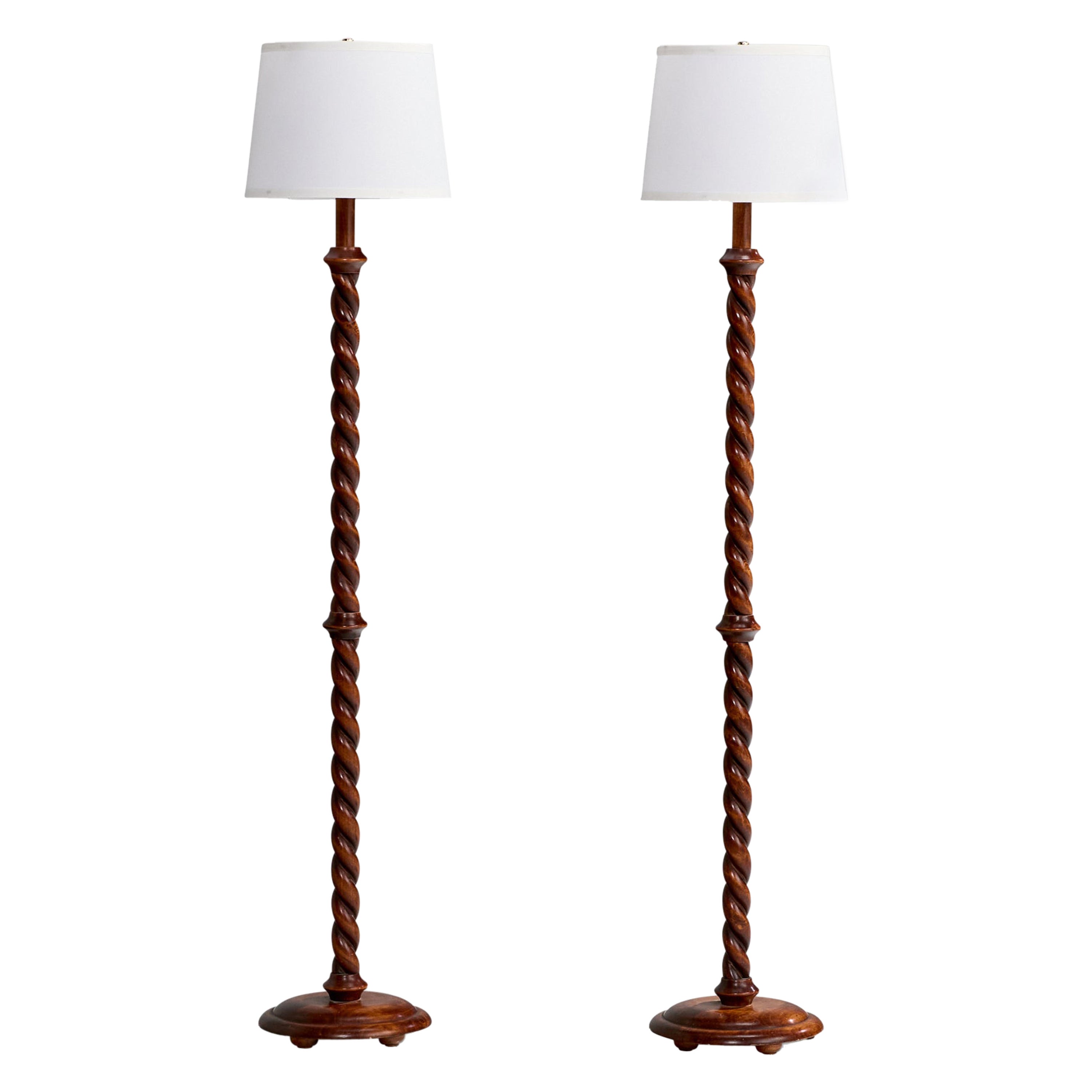 Swedish Designer, Floor Lamps, Oak, Fabric, Sweden, 1930s