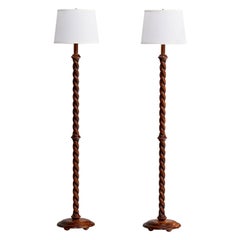 Vintage Swedish Designer, Floor Lamps, Oak, Fabric, Sweden, 1930s