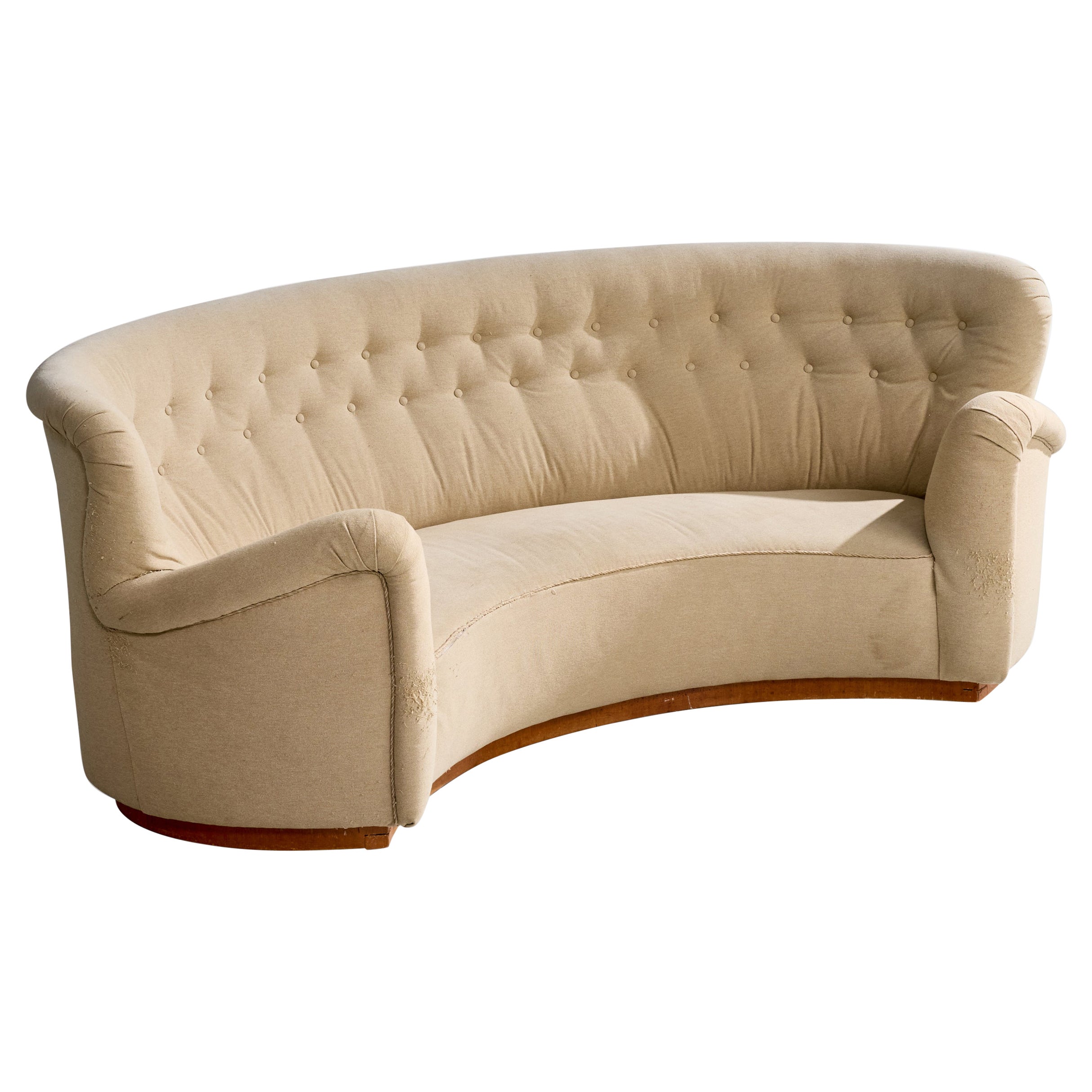 Swedish Designer, Curved Sofa, Wood, Fabric, Sweden, 1940s