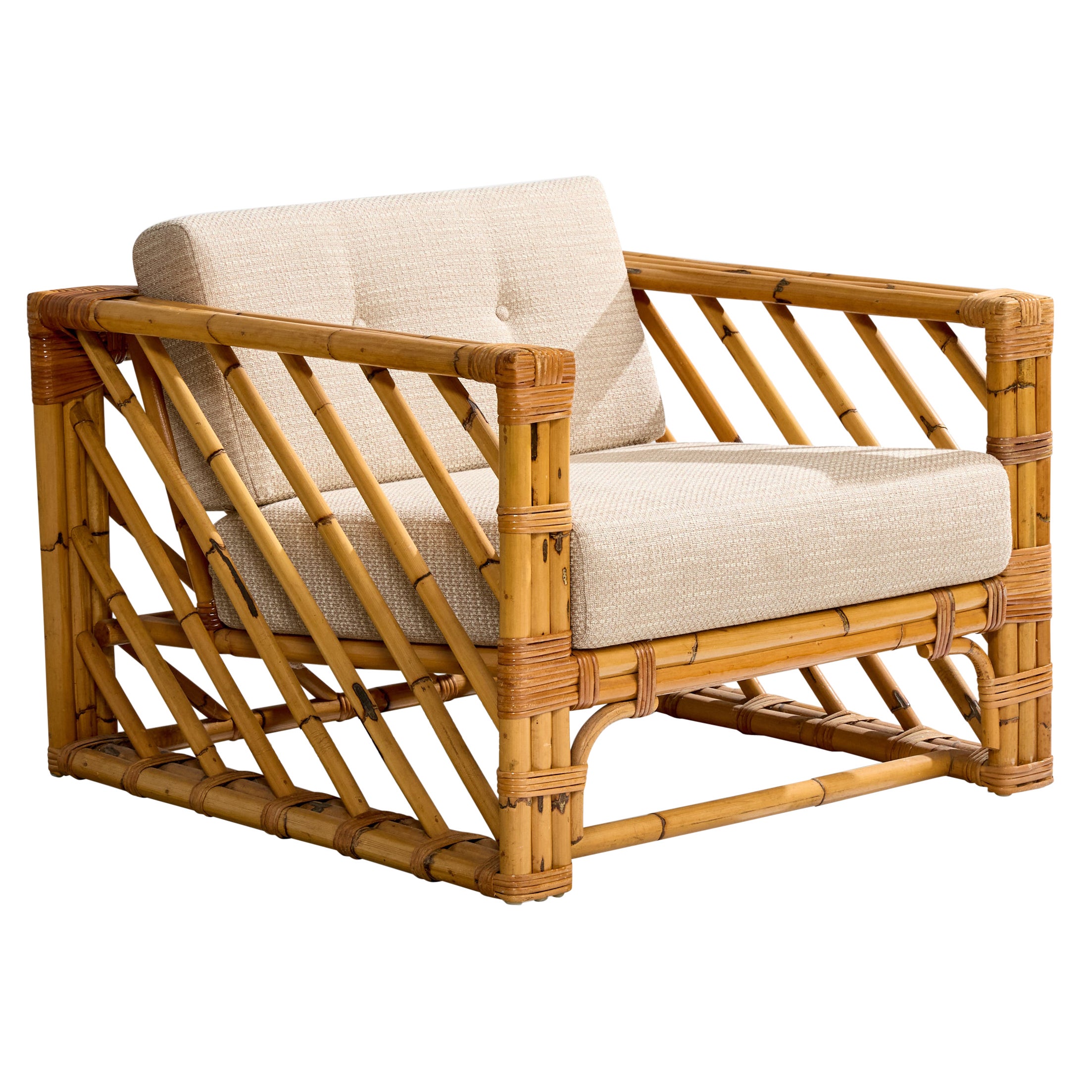 American Designer, Lounge Chair, Bamboo, Rattan, Fabric, USA, 1970s