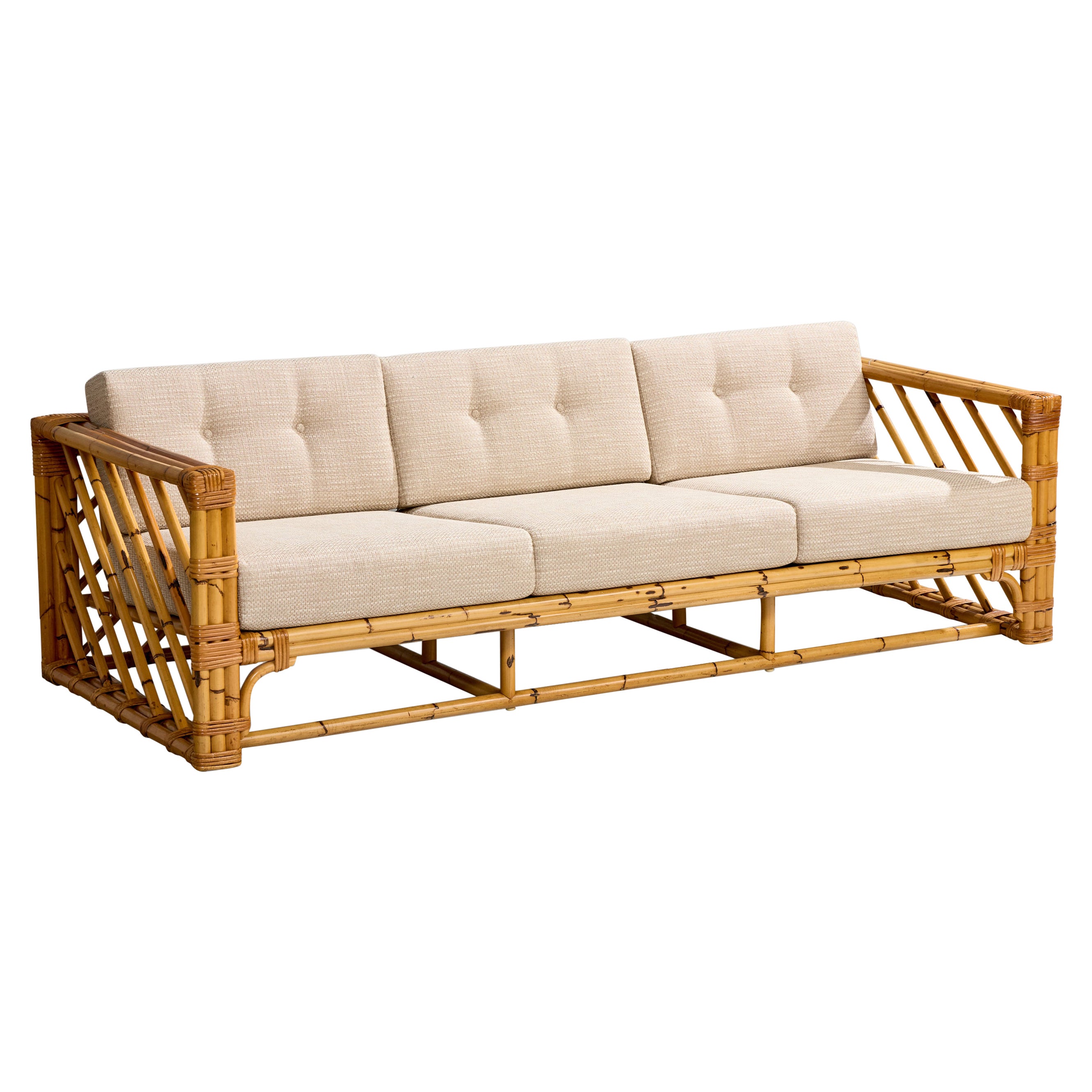 Designer américain, canapé, bambou, rotin, tissu, États-Unis, 1970