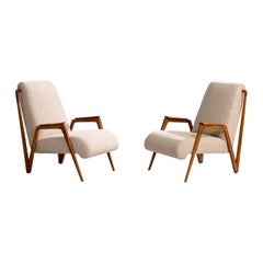 Brasilianischer Designer, Loungesessel, Holz, Stoff, Brasilien, 1950er Jahre