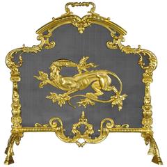 Antique Gilt Bronze Fire Screen with Salamander Emblem, 19th Century