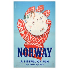 Original Vintage Winter Sport Travel Poster Ski Norway Fistful Of Fun SAS Norge