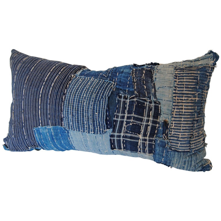 Custom Japanese Indigo Boro Pillow Cut from a Futon Cover with Sashiko