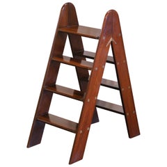 Vintage Mid-Century English Mahogany 4-Step Library Folding Ladder with Brass Hinges