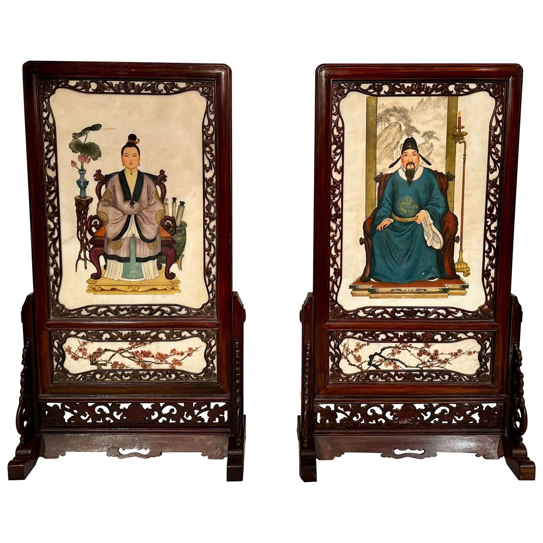 Pair Antique 19th Century Chinese Teakwood and Porcelain Table Screen Plaques.