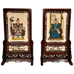Pair Antique 19th Century Chinese Teakwood and Porcelain Table Screen Plaques.