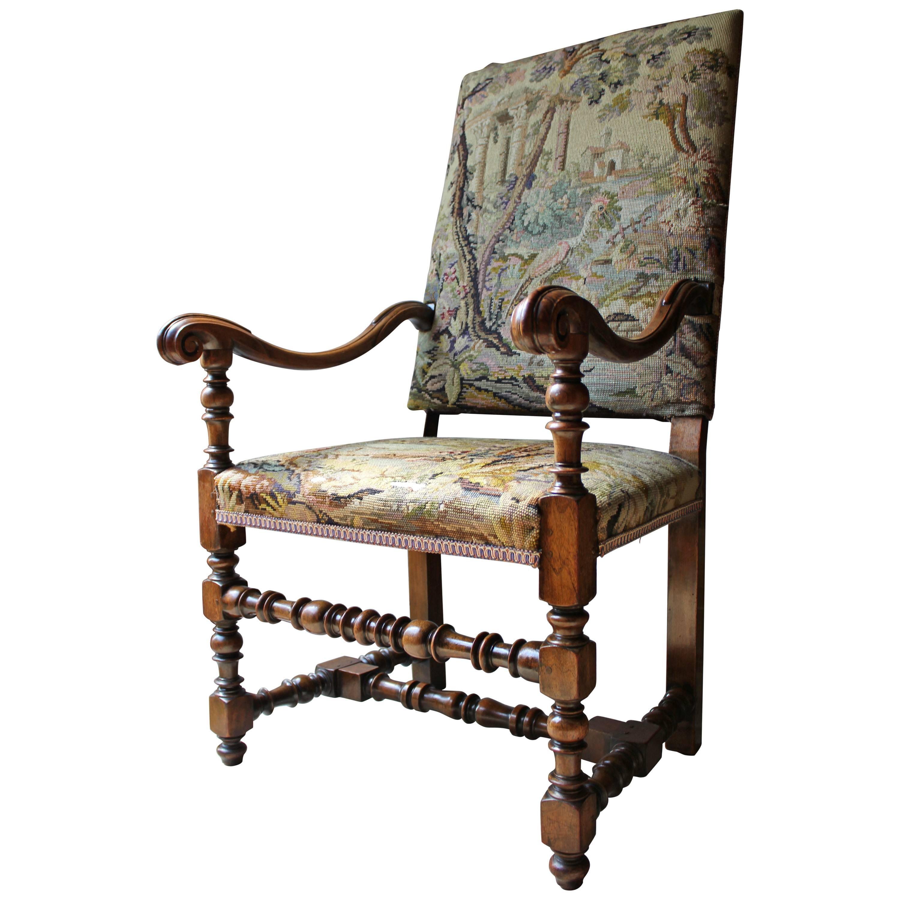 Good Quality Louis XIV Style Gros-Point Upholstered Open Armchair