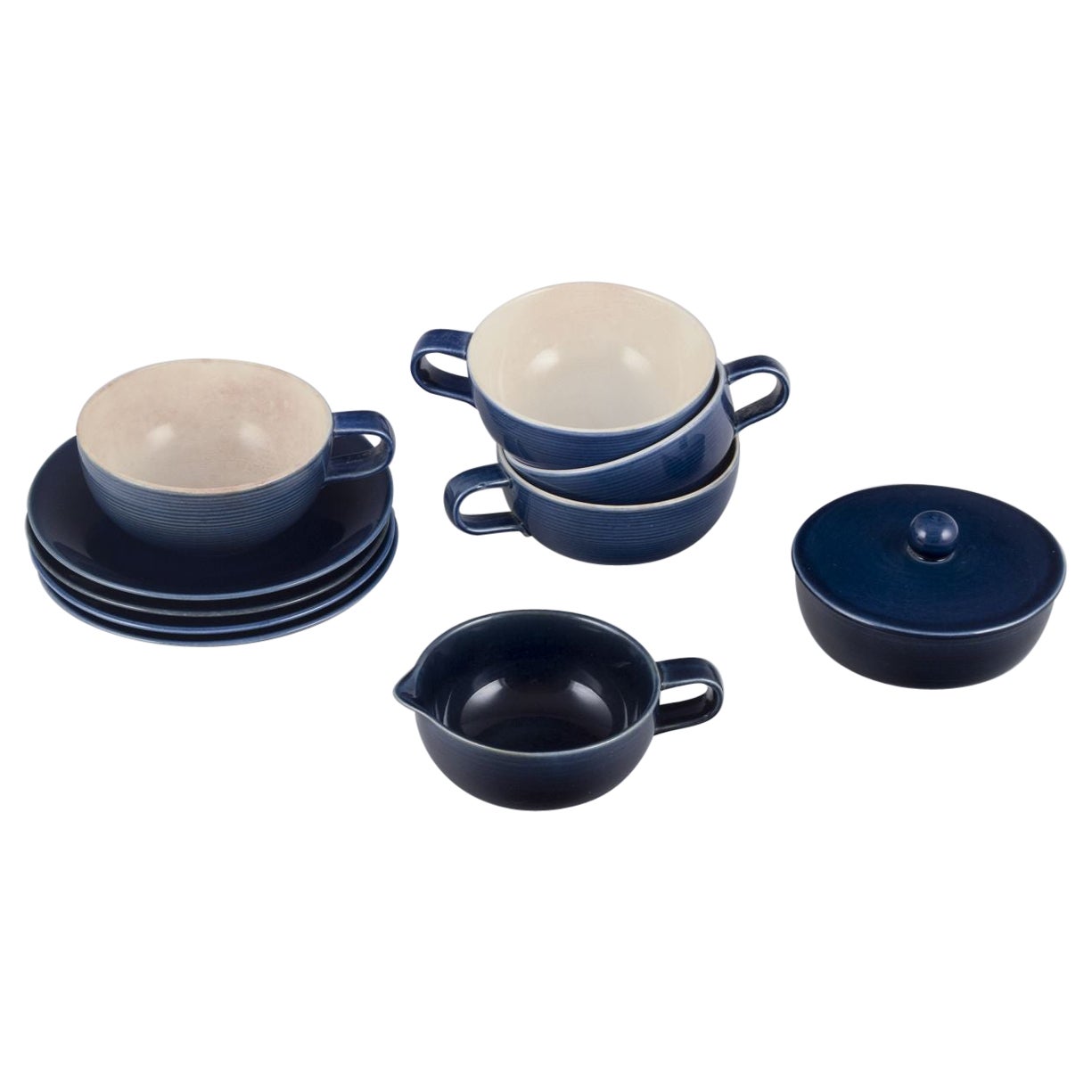 Gertrud Lönegren for Rörstrand. "Blå Blanche" tea set in glazed faience.