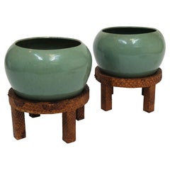 Paire de jardinières vintage en céramique vert menthe sur socle recouvert de peau de serpent