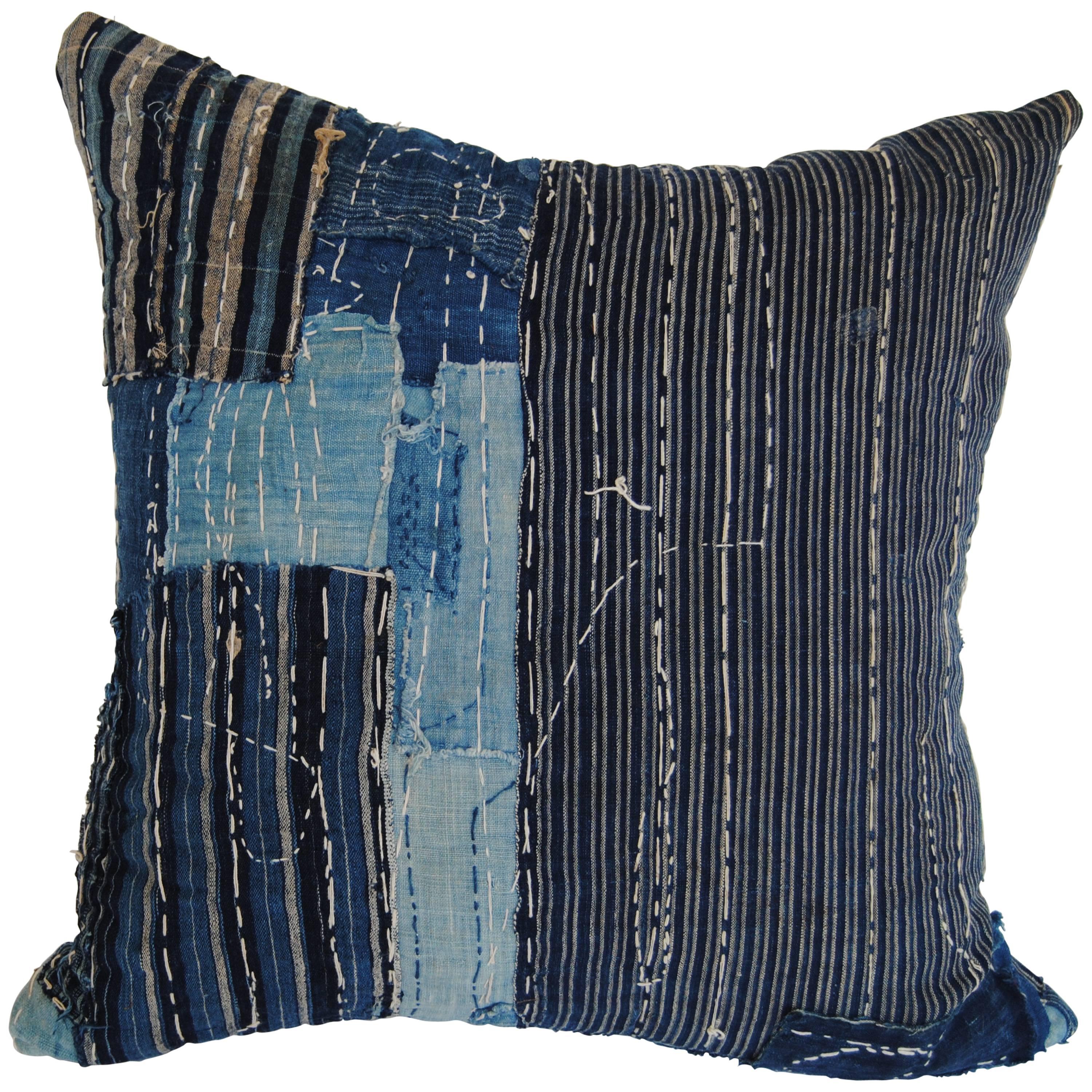 Custom Antique Japanese Indigo Boro Pillow with Sashiko Stitching For Sale