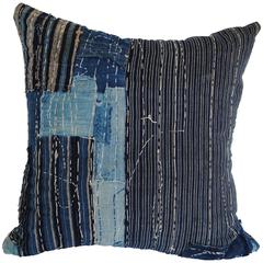 Custom Antique Japanese Indigo Boro Pillow with Sashiko Stitching