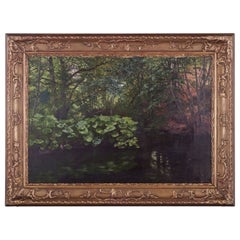 Antique Carl Thiele, listed Danish artist. Oil on canvas. Forest scene with a lake, 1882