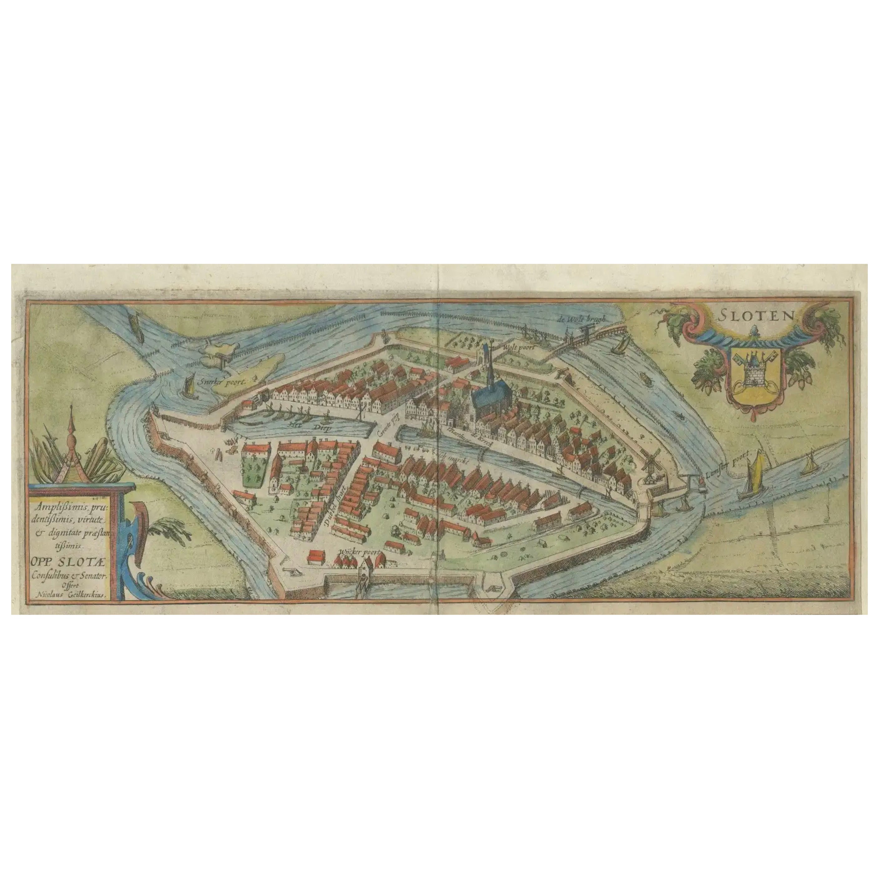 Dutch City Plan of Sloten in Friesland by N. Van Geelkercken, hand-colored 1616