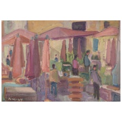 Aksel Møller, Danish artist. Oil on canvas. Market scene with people.