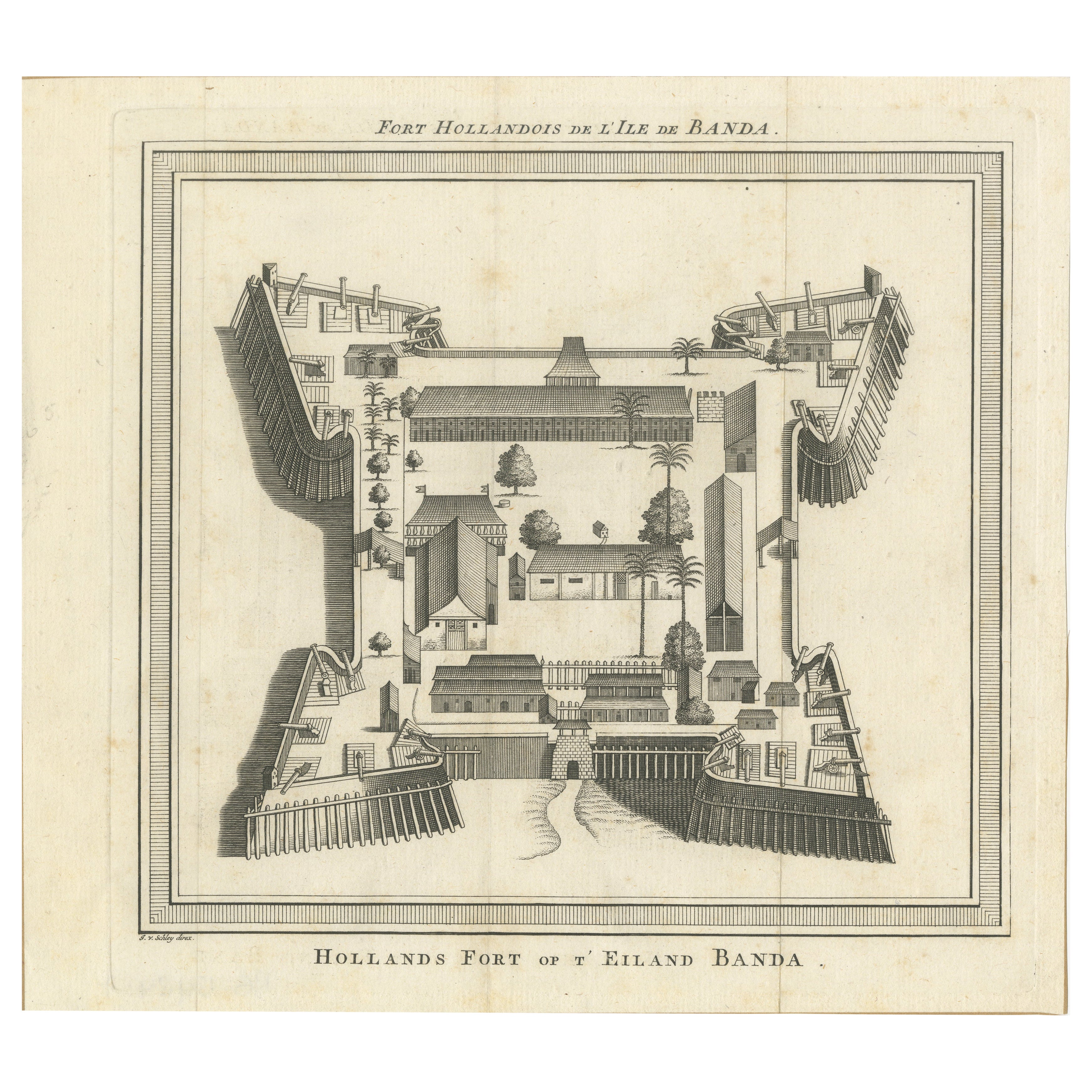 VOC Fort Nassau at Banda of The Spice Islands, Bird’s-eye View Engraving, c.1740