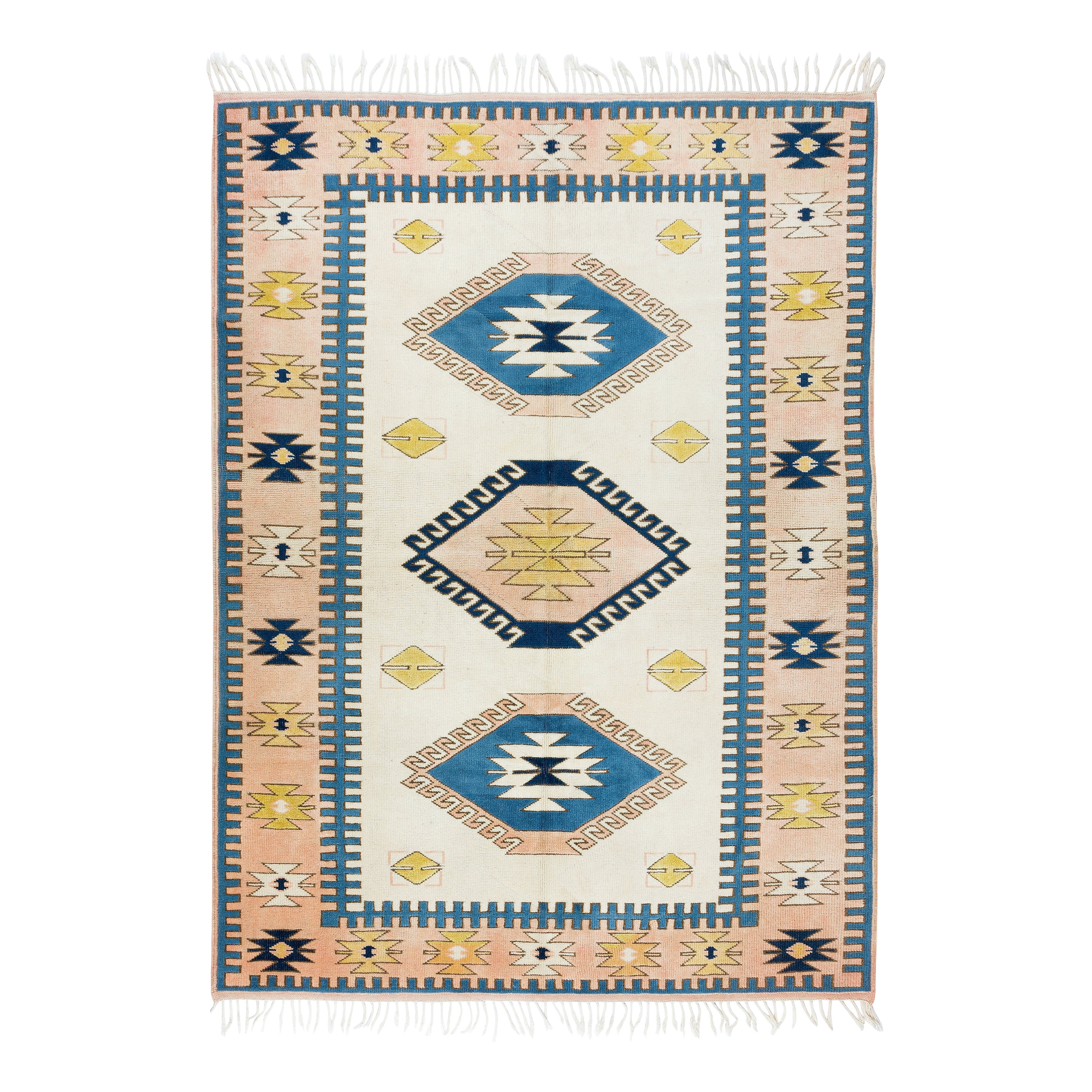 5.5x6.8 Ft Vintage Handmade Turkish Rug with Triple Medallion Design. 100% Wool