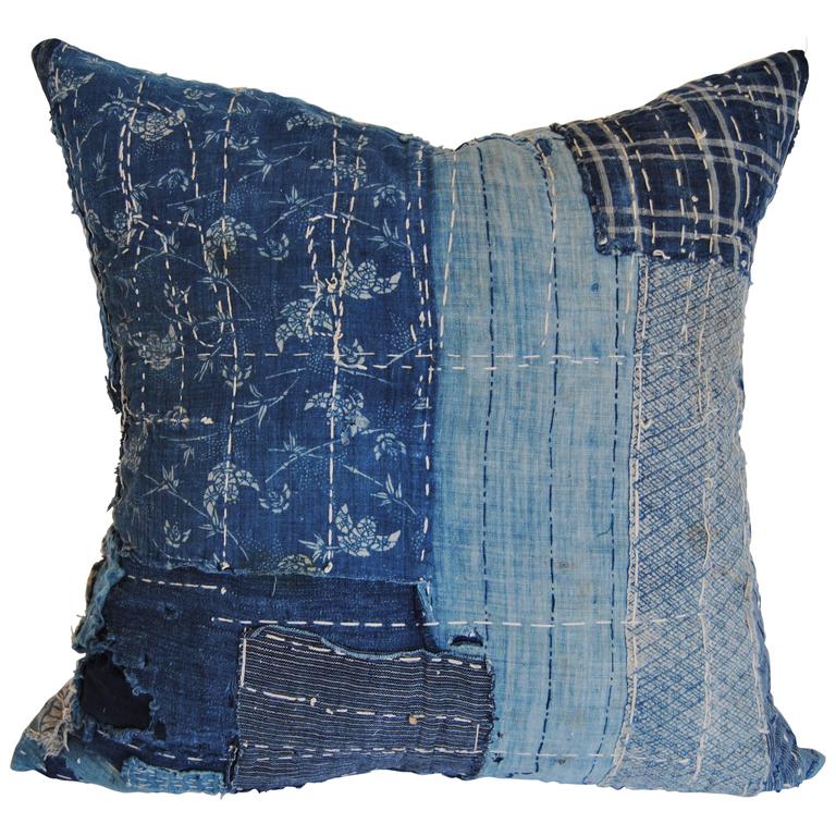 Antique Japanese Indigo Boro Custom Pillow with Sashiko Stitching For