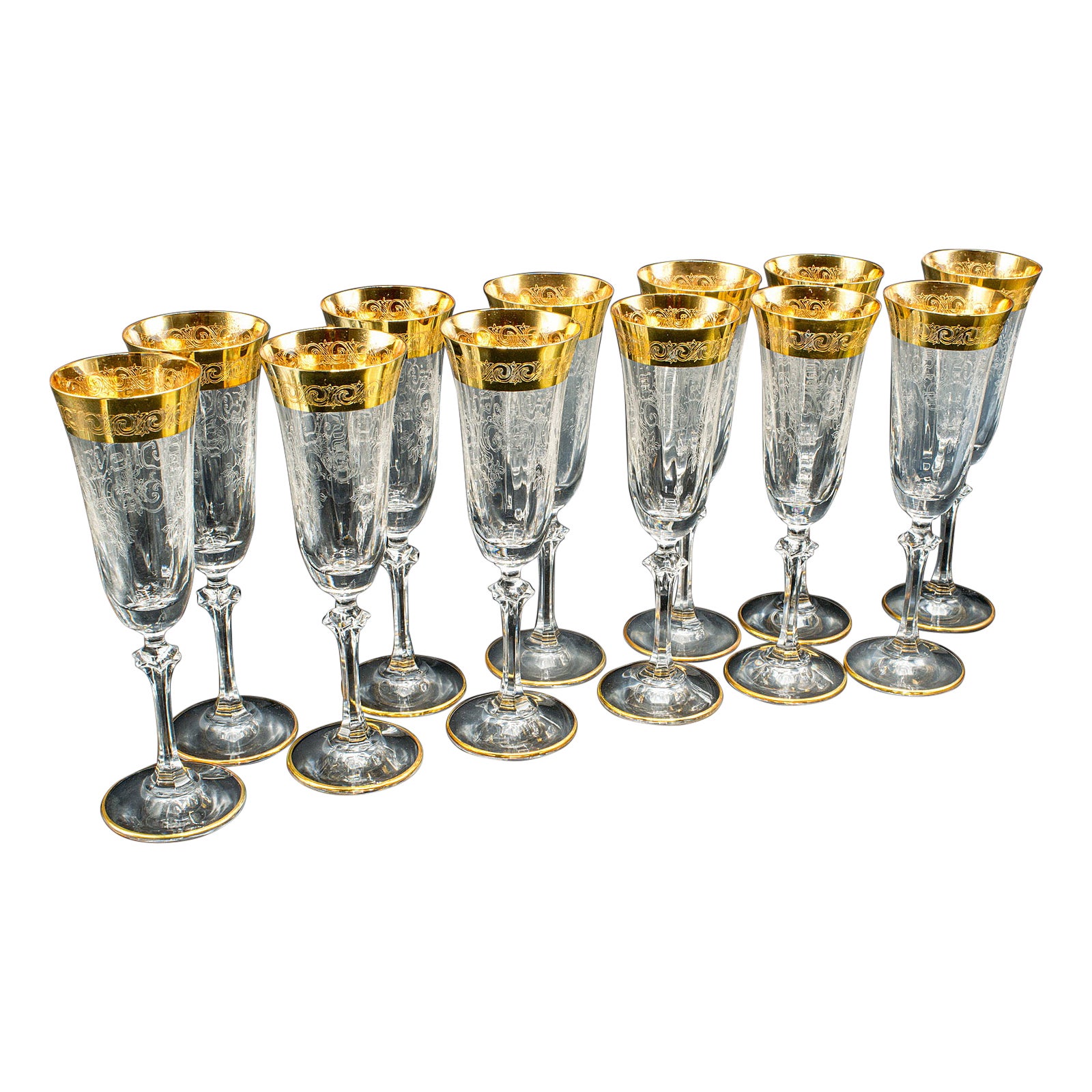 Set Of 12 Vintage Champagne Flutes, Continental, Wine Glass, Gold Leaf, C.1980