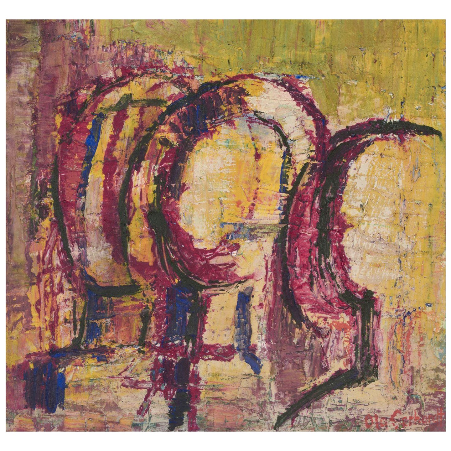 Ola Gerhardt, artiste suédoise. Huile sur bois. Composition abstraite avec des figures.