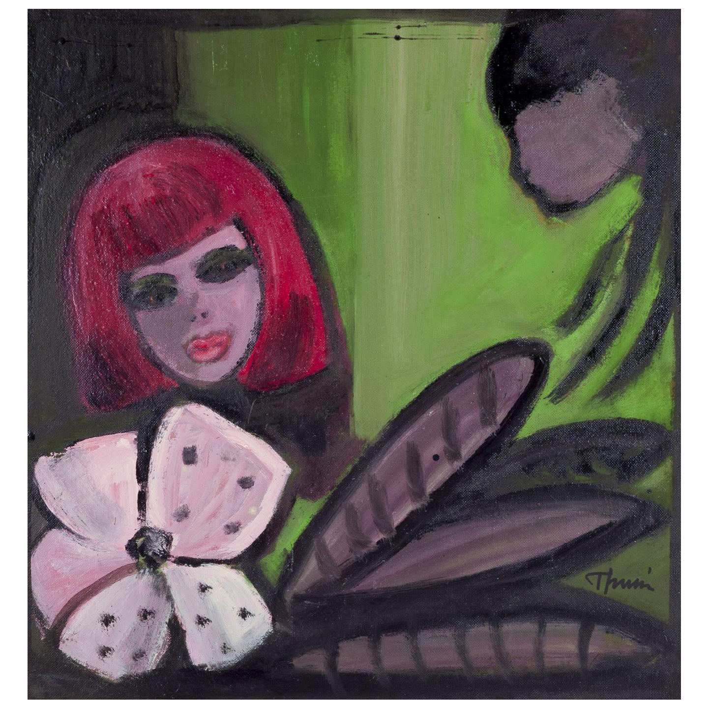 Artista svedese. Olio su tavola. Motivo di due donne e fiore. 1960s