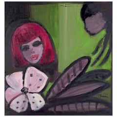 Artista svedese. Olio su tavola. Motivo di due donne e fiore. 1960s