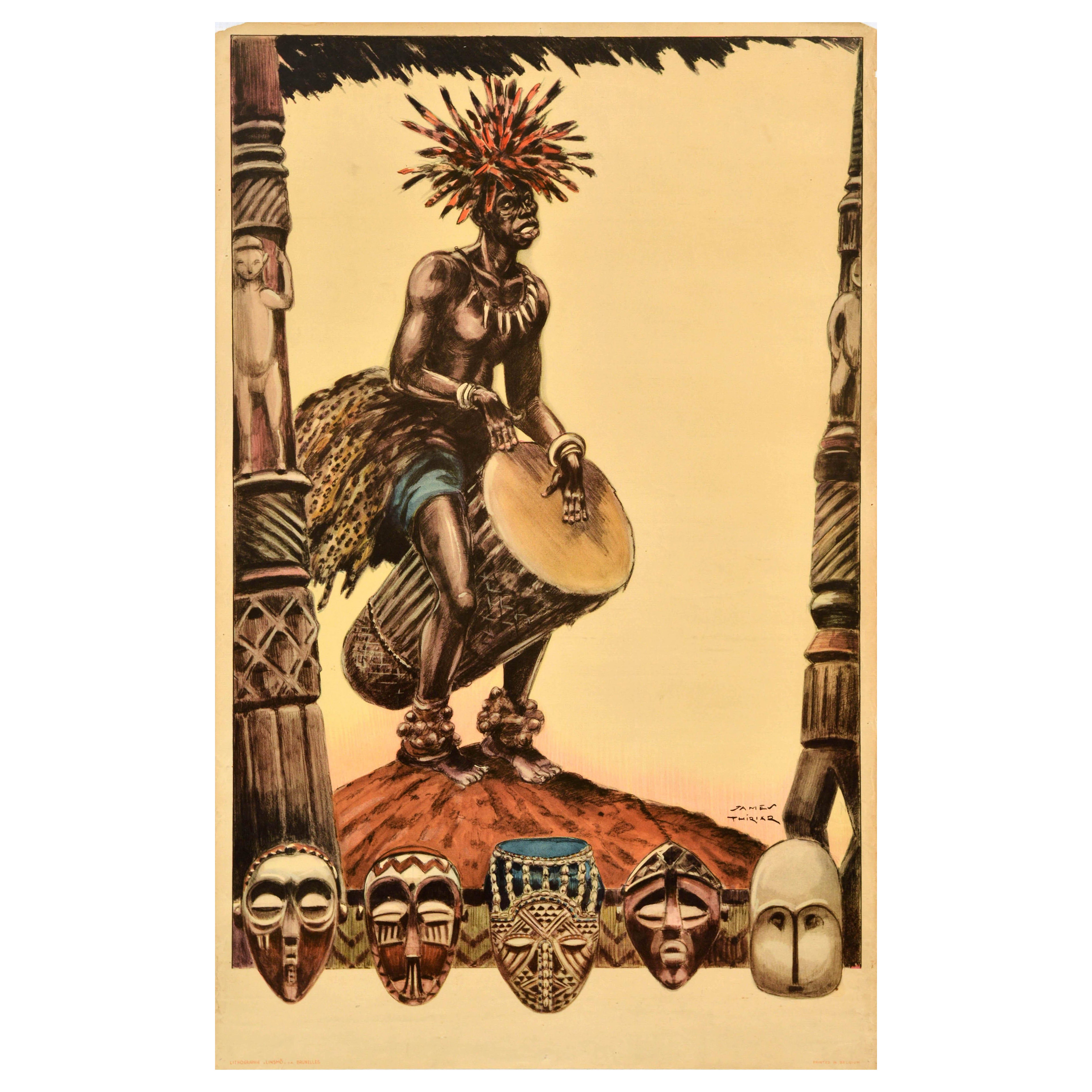 Affiche de voyage africaine vintage d'origine Tribesman Musician Africa James Thiriar