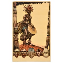 Poster di viaggio originale dell'Africa d'epoca Tribesman Musician Africa James Thiriar