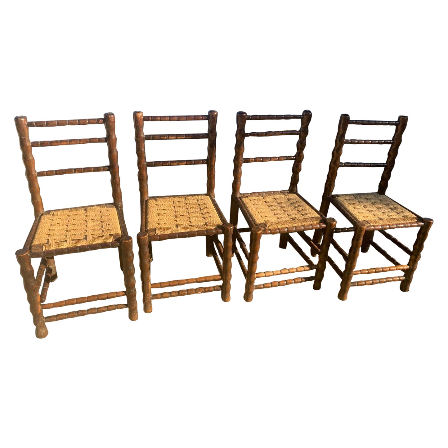 Set of 4 Vintage French Rustic Chairs – Woven Seats, Turned Wood Frame For Sale