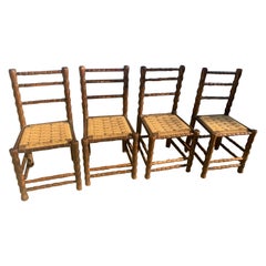 Set of 4 Vintage French Rustic Chairs – Woven Seats, Turned Wood Frame